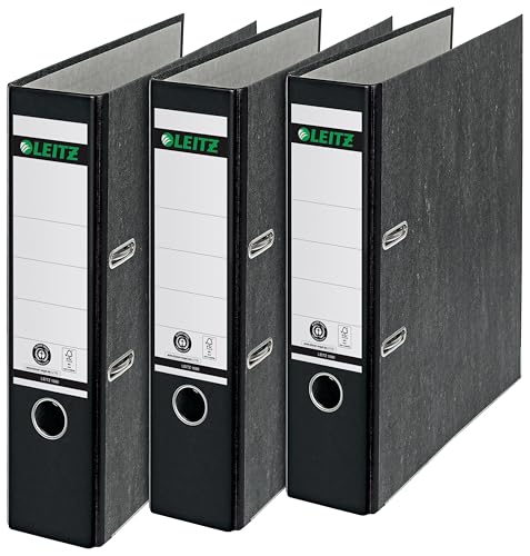Leitz Qualitäts-Ordner, 3er-Pack, Wolkenmarmor-Papier, A4, 8 cm Rückenbreite, Schwarz, 310305095