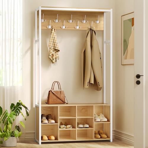 VASAGLE Kleiderständer, Garderobe, Eingangsmöbel mit Schuhregal, offene Fächer, Kleiderhaken, verstellbare Ablagen, modern, für Flur, Eingangsbereich, eichenfarben-weiß HSR432YA01