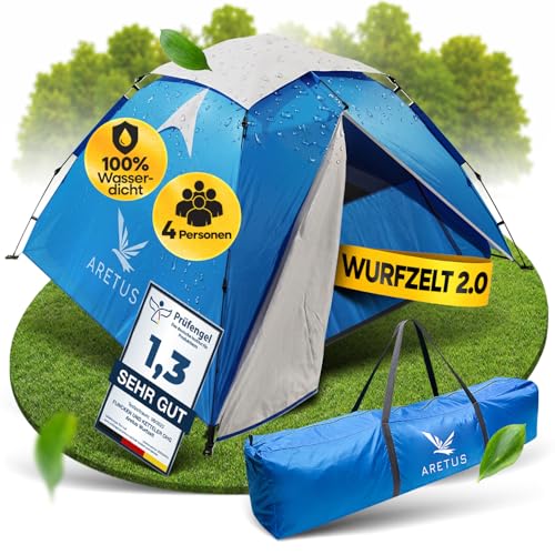 Aretus Wurfzelt - extra wasserdicht & stabil, schneller Auf & Abbau in 45 Sekunden | Wurfzelt 2 Personen wasserdicht, Wurfzelt 3 Personen, Wurfzelt 4 Personen, Pop Up Zelt 4 Personen. 3 Personen Zelt