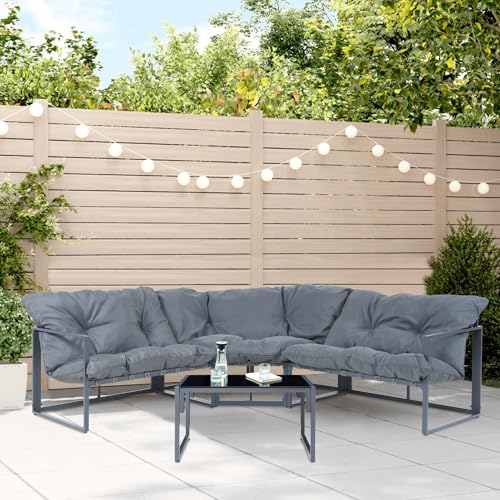 casa.pro Gartenmöbel Set Karg Balkonmöbel Lounge Set 4-teilig Sitzgruppe 3 Sofaelemente mit Couchtisch Outdoor Ecksofa Glasplatte Kissen wetterfest Dunkelgrau