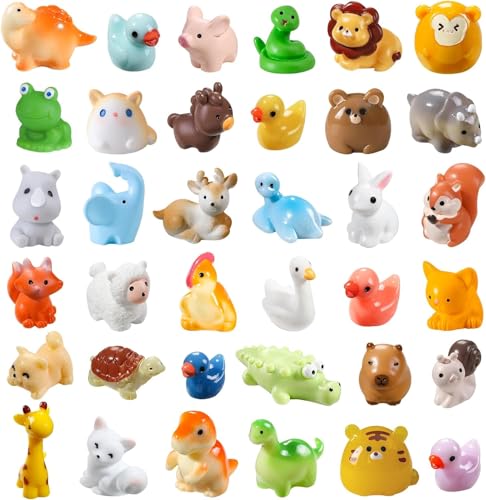 DTYDECLE 40 Stück Mini Harz Tierfiguren,Miniatur Figuren Kleine Tierfiguren Winzige Tiere Ornamente Ente Löwe Elefant Frosch Dinosaurier für Miniatur Landschaftsgärten Bonsai Fischbecken Aquarien