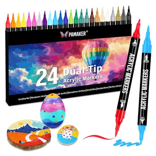 Pamaker 24 Farben Acrylstifte Set – Acrylmarker mit feiner Spitze und Pinsel für Stoff, Leinwand, Glas, Holz und Papier – zum Zeichnen und DIY-Bastelprojekte