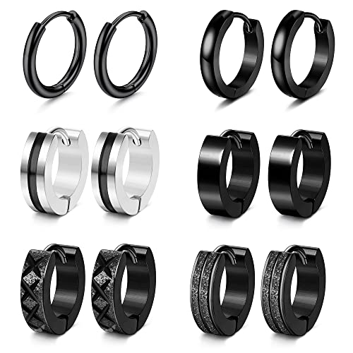 Adramata 6 Paare Herren & Frauen Ohrringe, Edelstahl Creolen, Hoops Earrings Set, Knorpel Helix Piercing Ohr Mode Punk Ohrringe, Creolen Schwarz, für Herren & Damen