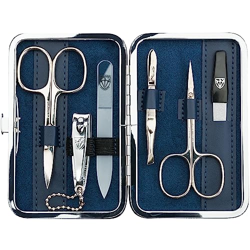 DREI SCHWERTER - Germany 6-tlg. Maniküreset 'Genova' | Nagelpflegeset in Textiletui Jeans Blau | Inhalt: Nagelschere, Hautschere, Nagelknipser, Glasnagelfeile, Pinzette, Saphirnagelfeile
