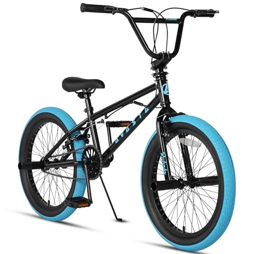 AVASTA 20 Zoll Freestyle Jugend BMX Fahrrad Kinder Fahrrad für 6 7 8 9 10 11 12 13 14 Jahre alt Jungen Mädchen Junge Erwachsene und Anfänger-Level-Fahrer mit 4 Peg, 360 Grad Gyro, Schwarz & Blauen