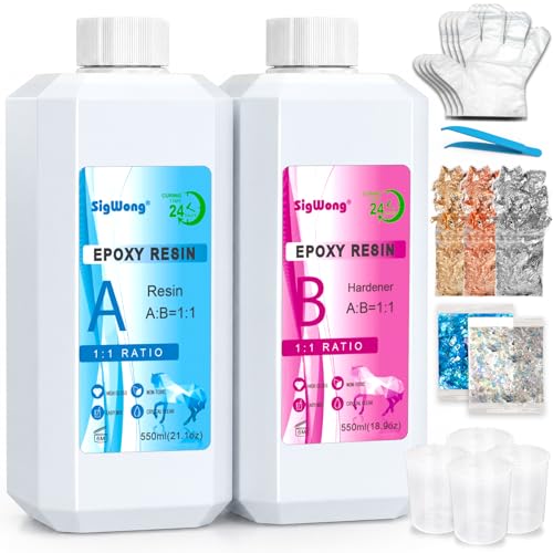 SigWong Epoxidharz Set mit Härter 1100ml, Glasklares 2-teiliges Gießharz 1:1, Blasenfrei & Vergilbungsbeständig, Für Holz, Kunst, Schmuckherstellung, Tischplatten, Komplettset mit Werkzeugen
