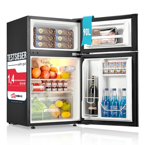 FOHERE Mini Kühlschrank mit Gefrierfach Klein 90L, 26 L Gefrierfach | 64 L Kühlschrank für Schlafzimmer, 7-Stufen Thermostat, Energieeffizien, 43 dB mit 2 Wechselbare Tür, für Wohnheime, Wohnungen