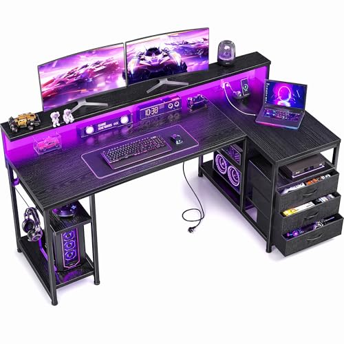 Klyvvo 160x80 cm L Form Gaming Schreibtisch mit 3 Schubladen, Monitorständer, LED, USB-Ladeanschluss und Steckdose, Umkehrbar Computertisch mit Kopfhörerhaken für Homeoffice und Gaming, Schwarz