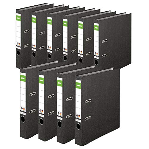 Original DINOR Ordner-Wolkenmarmor-Recycling - Made in Germany. 10er Pack 5 cm breit DIN A4 schwarz Aktenordner Briefordner Büroordner Pappordner Schlitzordner Grüner Balken Blauer Engel