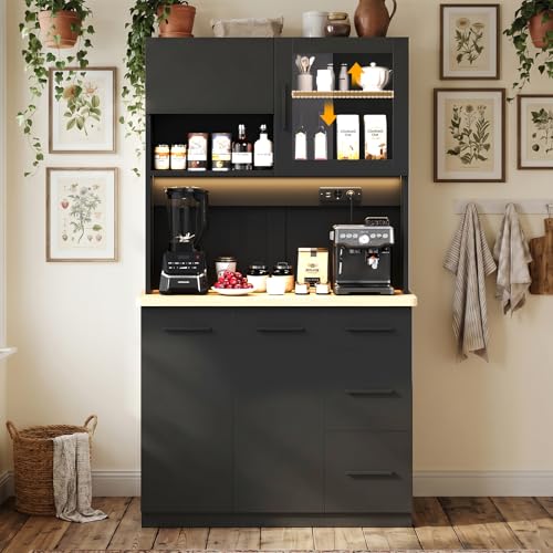 JUMMICO Buffetschrank, 100 x 40 x 182(H) cm, Küchenschrank mit 2 Steckdosen und LED Streifen 3000K, Küchenbuffet mit verstellbaren Einlegeboden und Arbeitsplatte 24 mm, Schwarz