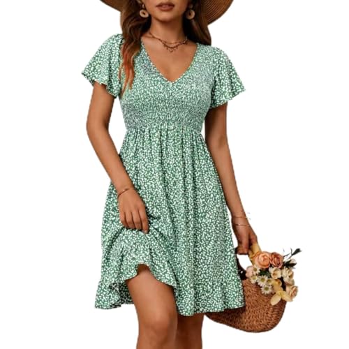ROFUSSO Sommerkleider Damen Kurzarm V-Ausschnitt Midi Kleider Blumenmuster Kleider Leichte Sommerkleider Luftige Strandkleider(Grün,M)