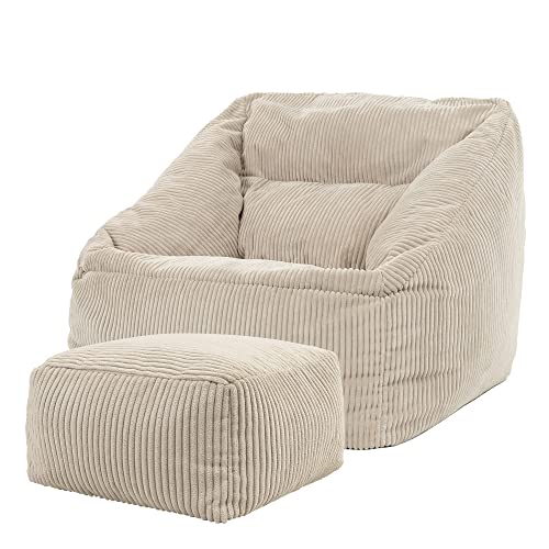Icon Natalia Sitzsack Sessel mit Hocker für Erwachsene, Beige, Flauschiger Cord Stoff, Riesen Sitzsack Cord mit Füllung, Bean Bag Chair, Bequemer Sessel Wohnzimmer, Lounge, Schlafzimmer, Büro