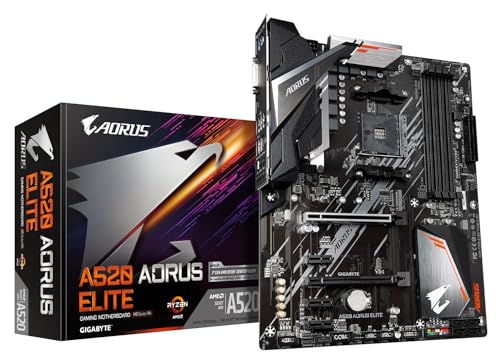 GIGABYTE A520 AORUS ELITE Motherboard - Unterstützt AMD Ryzen 5000 Serie AM4 CPUs, 5+3 Phasen Pure Digital VRM, bis zu 4733MHz DDR4 (OC), PCIe 3.0 x4 M.2, GbE LAN, USB 3.2 Gen2
