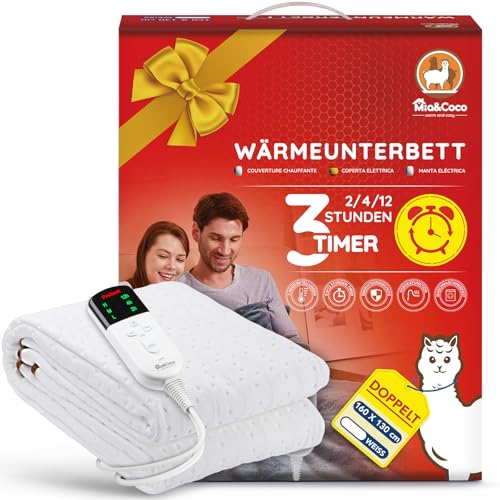 Mia&Coco Heizdecke mit Abschaltautomatik, Wärmeunterbett mit 12-Stunden-Timer und 3 Wärmestufen, LED-Anzeige, Überhitzungsschutz, Wärmedecke für Gängigen Matratzen,Maschinenwaschbar(160 x 130cm)