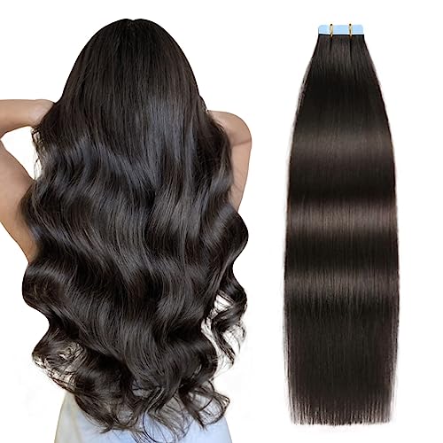 SUYYA Tape Extensions Echthaar,Invisible Tape in Extensions Echthaar Seidig Gerade Remy Tape Haarverlängerungen Echte Menschliches Haar 12 Zoll 30cm 20 Stück 40G #1B Natürliches Schwarz