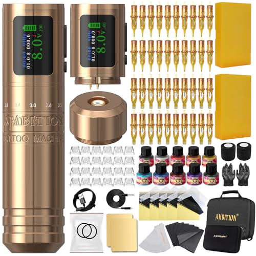 Ambition C1 Tattoo Maschine Set für Anfänger Kabellose Rotary Tätowiermaschine mit 7 Einstellbaren Hublängen, Dual 1900 mAh Akku