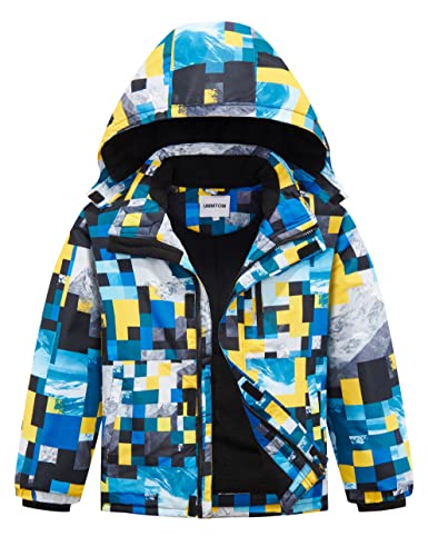UMMTOM Wasserdichte Skijacke für Jungen, mit Fleece gefüttert, warm, Winterjacke mit Kapuze, Winterjacke für Kinder (blau kariert, Größe 8–9)