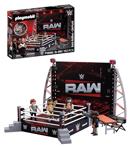 PLAYMOBIL | WWE® | RAW Ring Collectors Set | Wrestling‑Ring mit cm Punk, Seth Rollins, Ringrichter, Kameramann & Zubehör | Für Fans ab 5 Jahren | 71956