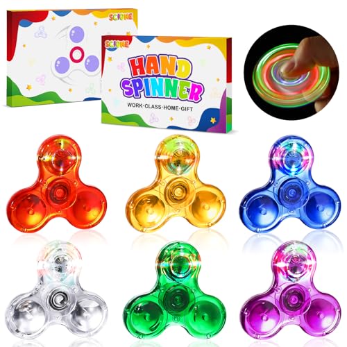 SCIONE 6 Stück Kristall LED Licht Fidget Spinner für Kinder, 5.7CM Mini LED Light up Fidget Spielzeug für Kleinkinder Glow in The Dark Party Supplies Stressabbau für Kinder und Erwachsene