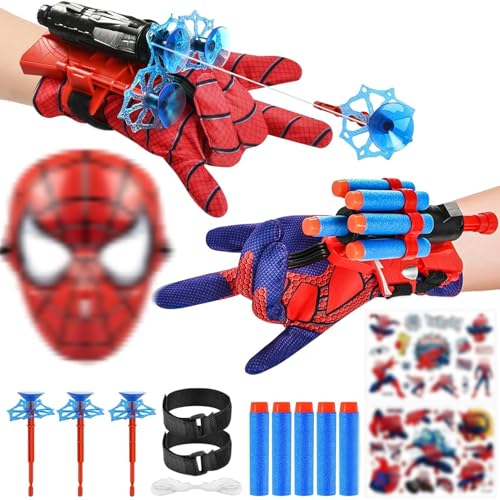 LIVESTN Spiderm Launcher Handschuh, 2 Set Kids Spiderm Hero Handschuhe Super Spiderm Launcher mit Maske und Aufkleber Held Launcher Cosplay Spiderm Handschuhe Launcher Spielzeug für Kinder Fans