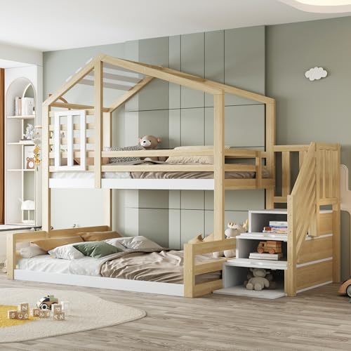 Gegtuon Etagenbett Bett 90x200 & 140x200 cm, Kinderbett Hochbett mit Stauraum Treppe und Dach, Hausbett Holzbett Bettgestell mit Fenster, Bett mit Lattenrost und Rausfallschutz, ohne Matratze, Natur