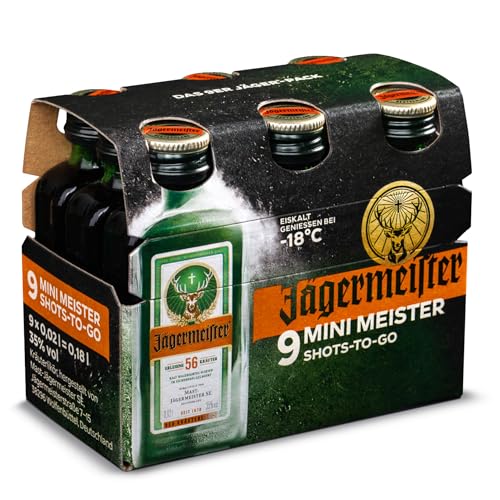Jägermeister – 9 x 0,02 l Mini Meister Shots Premium Kräuterlikör 35% Vol. – 56 erlesene Kräuter – Kalt mazeriertes Elixier – Im Eichenfass gelagert – Das Original aus Wolfenbüttel