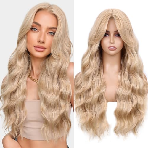 WIGNEE Lange Wellige Perücke mit Pony 66 cm – Honigblond Perücke, Synthetisch, Curtain Bangs, Leicht & Voluminös, Verstellbare Kappe für Alltag & Party