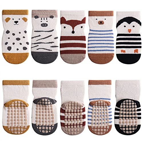 FedMois 5er Pack Baby Kleinkinder ABS rutschfeste Socken Sneaker Socken Tiermotive Baumwolle, Pinguin, 0-1 Jahr