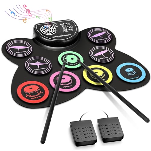 Anpro Schlagzeug Elektronisch Drum Set, 9 Pads, Aufrollbar Elektrisches Schlagzeug-Pad, Eingebauter Stereo-Lautsprecher, Unterstützt einen Kopfhörerausgang, 10 Stunden Spielzeit