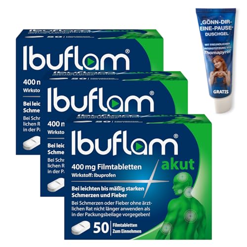 Ibuflam® akut 400 mg Schmerztabletten bei Schmerzen und Fieber | 3x50 Stück Filmtabletten + Duschgel ON TOP | Schnelle Schmerzlinderung und Fiebersenkung mit Ibuprofen | Ibu 400 mg
