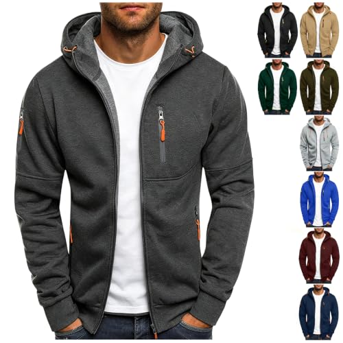 CSYX Sportjacke Herren Sweatjacke mit Reißverschluss Kordelzug und Reißverschlusstaschen Leicht Langarm Zip Hoodie Kapuzenjacke Sweatshirt Übergangsjacke für Sport Training Casual Freizeit Alltag