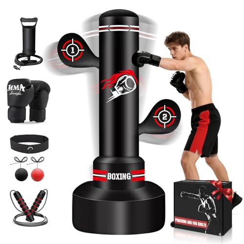 NZQXJXZ Verbesserter Boxsack Stehend für Erwachsene, 180cm Schwerer Boxsack mit Boxhandschuhen, Pumpe, Springseil und Reflexball, aufblasbarer Standboxsack für Männer zum Training von MMA, Fitness
