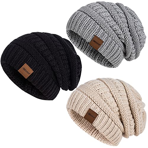 Hatromm Slouchy Mütze Damen Winter 3 Stück, Beanie Mütze Herren Übergroß Warmer Strick, Mütze Dick für Kaltes Wetter(Schwarz+Haferflocken+Dunkelgrau)