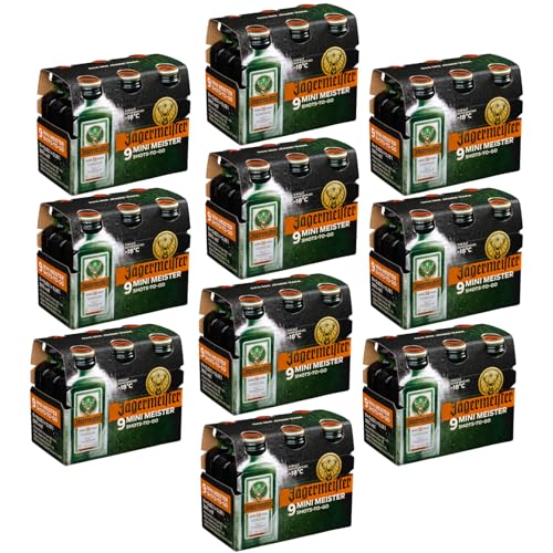 Jägermeister – 90 x 0,02 l Mini Meister Shots Premium Kräuterlikör 35% Vol. – 56 erlesene Kräuter – Kalt mazeriertes Elixier – Im Eichenfass gelagert – Das Original aus Wolfenbüttel