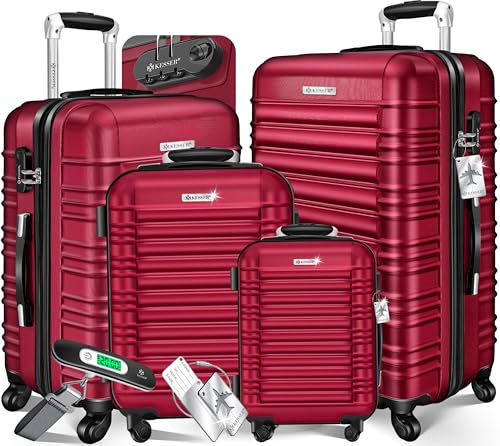 KESSER® 4-TLG. Kofferset Hartschalenkoffer, Reisekoffer 4er-Set S-M-L-XL, Trolley Koffer mit 4 Rollen, ABS Hartschale, Teleskopgriff + Kofferwaage & Gepäckanhänger, Rollkoffer mit Schloss, Bordeaux