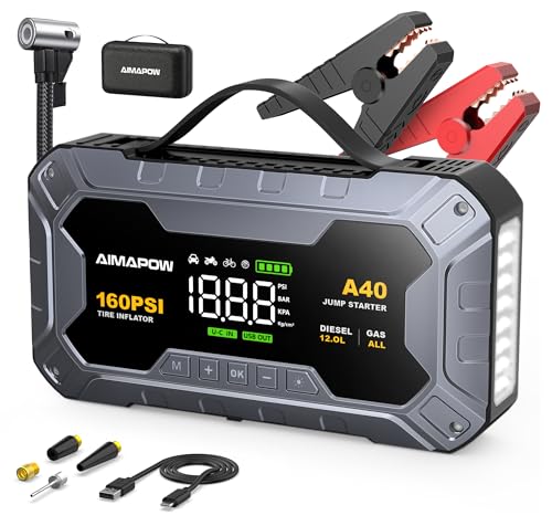 AIMAPOW Starthilfe Powerbank für Pkw mit Kompressor 8000A 160PSI,27000mAh Auto Starthilfe Powerbank für All Benzin und 12.0L Dieselmotor,Starter Powerbank Eingang/Ausgang und 600LUM LED-Licht