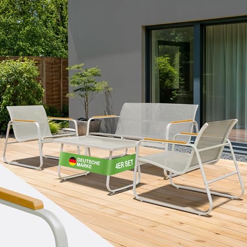 Blumtal Gartenmöbel Set 4er - Balkonmöbel Set für 4 Personen - 2 x Sessel + 1 x Bank + 1 x Tisch - Terrassenmöbel außen - Gartenlounge - Balkon Möbel - Möbelsets - Sitzgruppe Outdoor - Lounge Grau