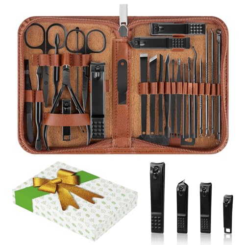 26-teiliges Maniküre Pediküre Set Nagelset - ACYOUNG Nagelknipser, Professionelle Edelstahl-Nagelpflege-Werkzeuge mit Ledertasche für Zuhause, Reisen (gelb-braun)