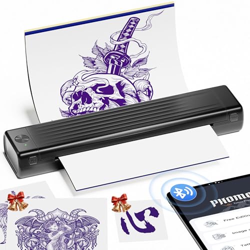 Itari A886 Tattoo Stencil Drucker Bluetooth, Schablone Drucker Kompatibel mit Smartphone & PC, Thermodrucker Tattoo Maschine Nadeldrucker mit 10 Blätter Papier für Anfänger und Künstler, Schwarz
