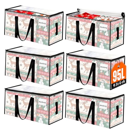 Umzugskartons 95-Liter,6er-Set Große klar Aufbewahrungstaschen Deckeln,Heavy-Duty Umzugskartons mit Reißverschlüssen und verstärkten Griffe,Faltbare Reisetasche oder Weihnachtsbaumtasch