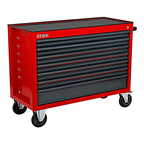 STIER Werkstattwagen XXL, leer, extra breit, 7 Schubladen für mehr Stauraum in der Werkstatt, in Rot, Werkzeugwagen leer, auf Rollen,