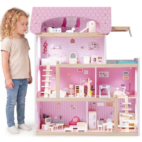 COSTWAY Puppenhaus Holz, Kinder Dollhouse mit 33 Möbelstücken, Puppenstube mit Balkon & Pool, Puppenvilla Traumvilla für Mädchen & Jungen ab 2 Jahren (Rosa)