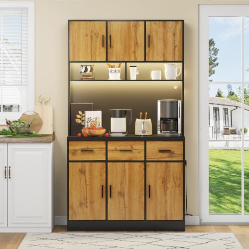 Merax Küchenschrank, Buffetschrank mit LED, Steckdosen und USB, Küchenbuffet mit 3 Schublade, 6 Schrank und Verstellbaren Ablagen, Küchenmöbel für Küche, Esszimmer, 100x40x180cm (Schwarz+Natur)