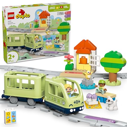 LEGO DUPLO Interaktive Abenteuer-Eisenbahn - Lernspielzeug für Kleinkinder ab 2 Jahren – 14 Gleisstücke, Aktionssteine mit Geräuschen und 4 Spielfiguren – Geschenkidee für Jungen & Mädchen - 10427