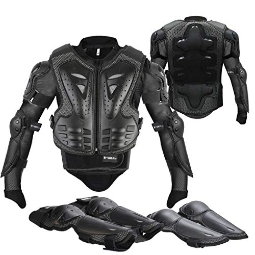 Fansport 5 Stück Motorrad Schutz Jacke,Kinder Motorrad rüstung mit Knieschoner Ellbogenschoner Brustpanzer Racing,für Outdoor Sport - 4/6/8/10/12/14 Jahre (Schwarz)