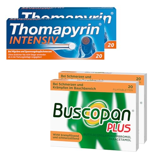 Buscopan® Dragées 2 x 20 Stück - Linderung bei Bauchschmerzen und Bauchkrämpfen + Thomapyrin INTENSIV Schmerztabletten 2 x 20 Stück bei Migräne & intensiveren Kopfschmerzen