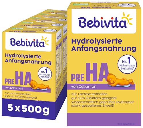 Bebivita PRE HA (5 x 500g), hydrolysierte Anfangsmilch von Geburt an, enthält nur Lactose als Kohlenhydrat, gut zum Zufüttern