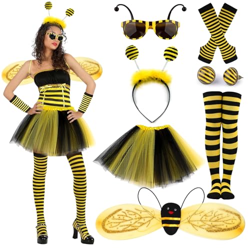 7stk Bienenkostüm Erwachsene Damen mit Bienen Flügel Rock Haarreif Überkniestrümpfe Handschuhe Brille Ohrringe Bienen Kostüm Frauen Zubehör Karneval Kostüm Biene Damen für Fasching Verkleidung