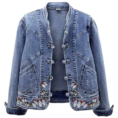 Jeansjacke für Damen Langarm Western-Stil mit Nieten und Perlen kurze Jacke im Used-Look
