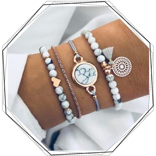 Edary 4 Stück Armband für Damen, Layered Quasten Armband-Set, verstellbar, Stapelbar, Perlen kettenarmbänder für Damen und Mädchen